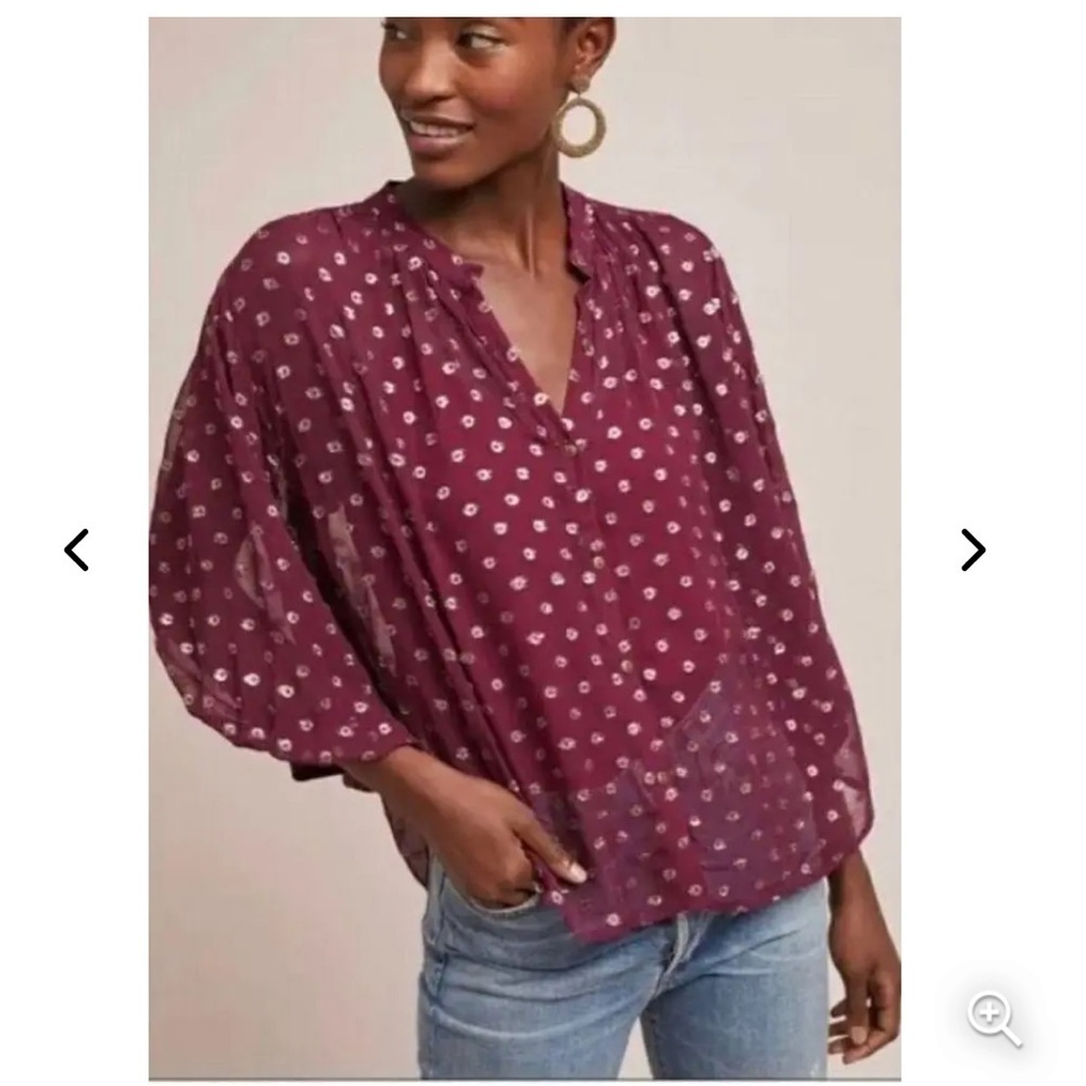 Moulinette Soeurs Anthropologie Burgundy Blouse with gold polka dots